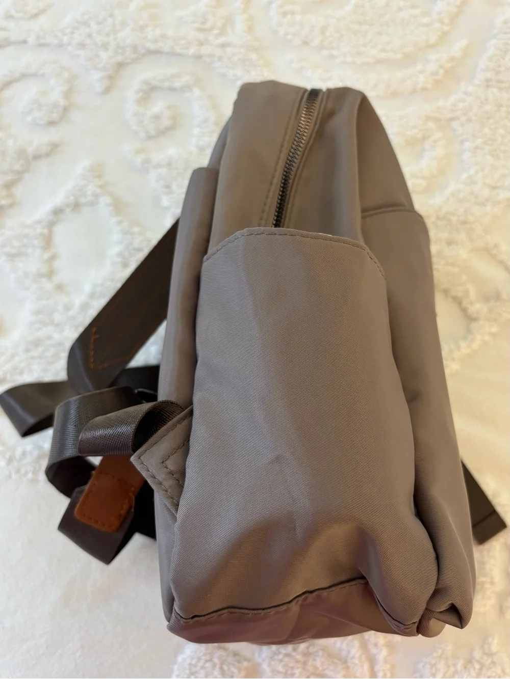 Dafuqi Backpack Taupe Gray Tan Faux Leather Silver Accents medium size NWT